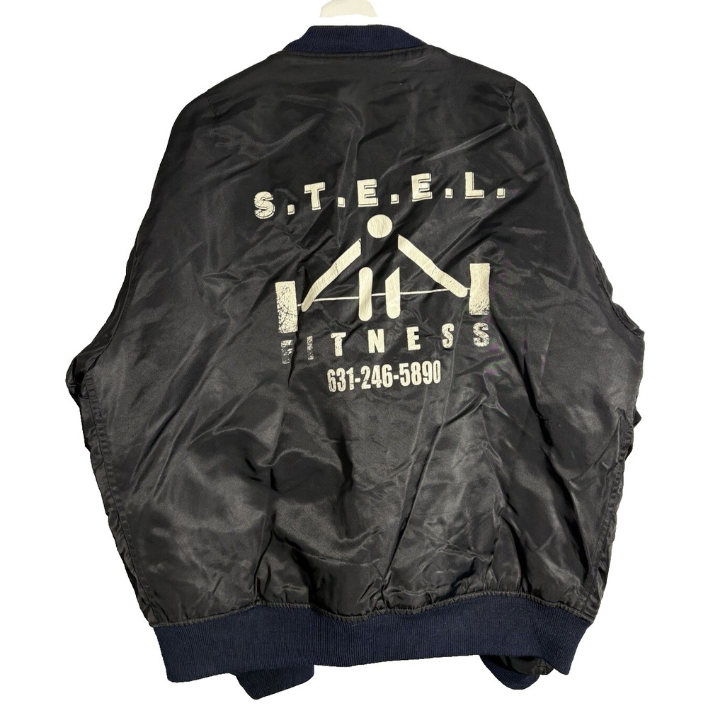 Vintage Steel Fitness Bomber Jacket Men XL Black Flight Satin Windbreaker 80s 90